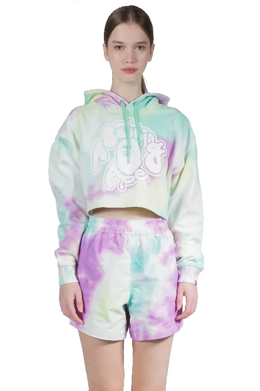 Bape W Tie Dye Cropped Pullover Hoodie Multicolor Open Neck Pullover
