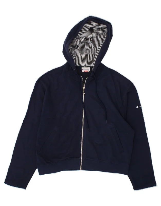 CHAMPION Womens Oversized Zip Hoodie Sweater UK 10 Small Navy Blue Cotton Graphic Sweater Embroidered Appliqued