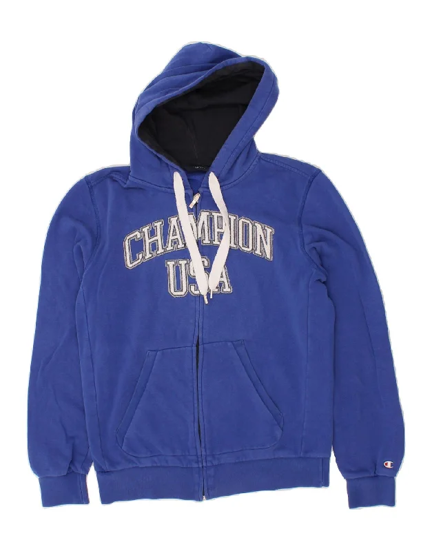 CHAMPION Womens USA Graphic Zip Hoodie Sweater UK 16 Large Blue Cotton Elasticated Padded Insulated
