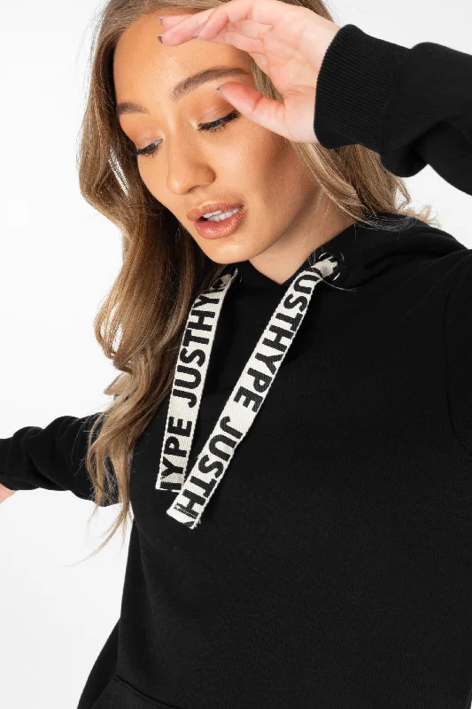 Hype Black Drawcord Women'S Pullover Hoodie Crew Neck Wool