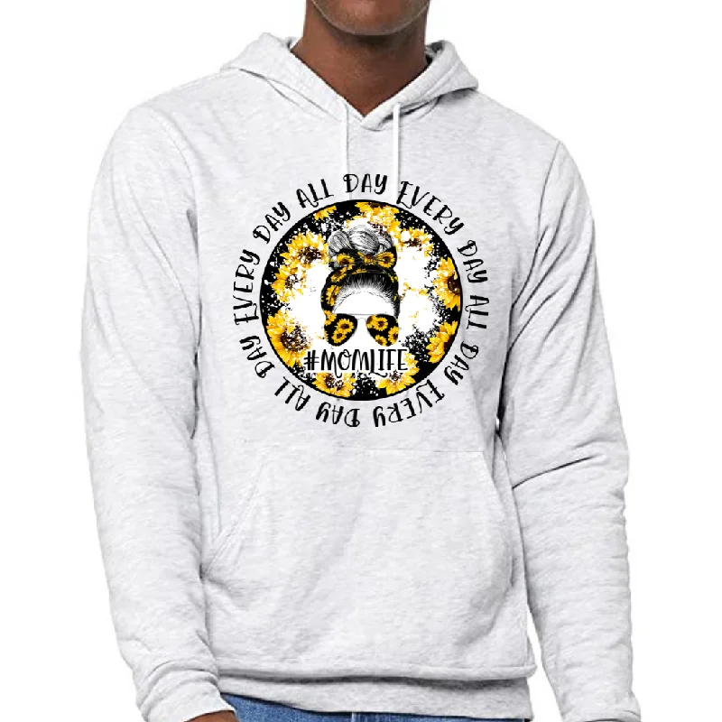 Messy Bun Sunflower #MomLife Unisex Fleece Pullover Hoodie Spaghetti Sleeve Top