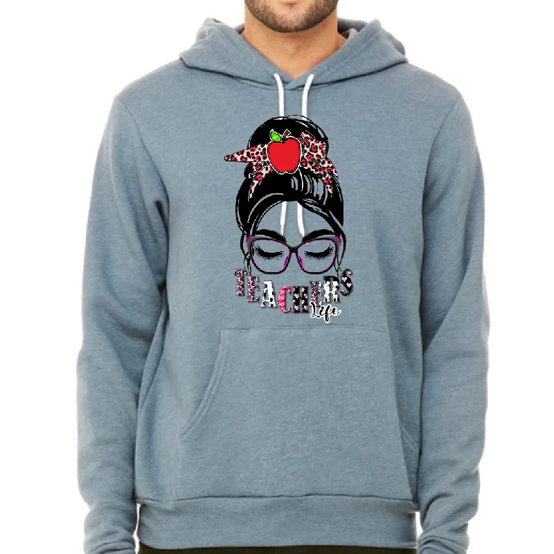 Messy Bun Teacher Life Unisex Fleece Pullover Hoodie Bishop Sleeve Elegant