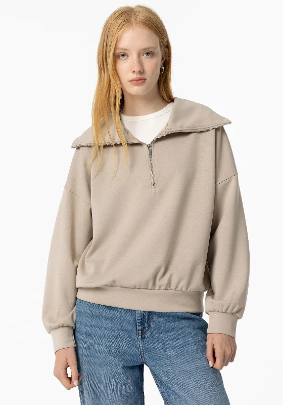 Tiffosi Womens Miu Half Zip Sweatshirt, Beige Oversized Hoodie Comfort Casual