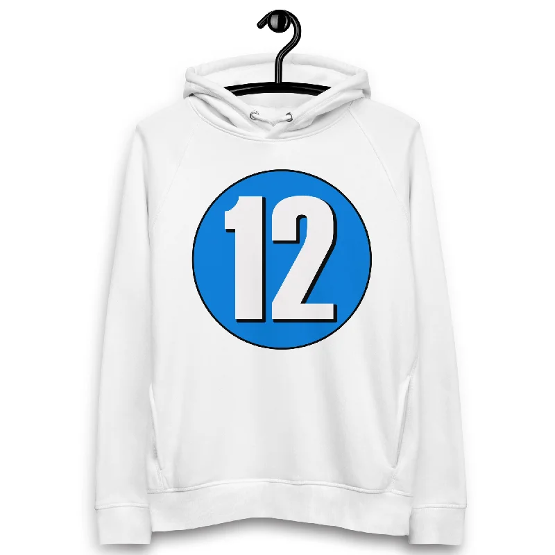 Unisex pullover hoodie: White on Blue 12 Plunging Neck Pullover