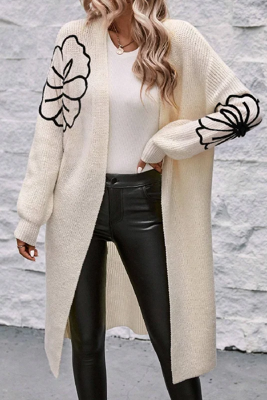 Beige Flower Embroidered Drop Shoulder Open Front Duster Cardigan Patchwork Embroidered Appliqued Beige Flower Embroidered Drop Shoulder Open Front Duster Cardigan Patchwork Embroidered Appliqued