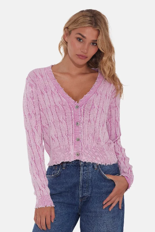 Stone Wash Distressed Cable Cropped Cardigan Faded Rose Satin Blend Silk Blend Wool Blend Stone Wash Distressed Cable Cropped Cardigan Faded Rose Satin Blend Silk Blend Wool Blend