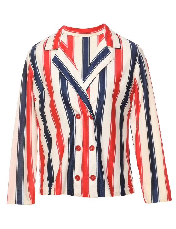 Blue & Red Striped Double-Breasted Blazer  - M Slimming Women's Blazer
