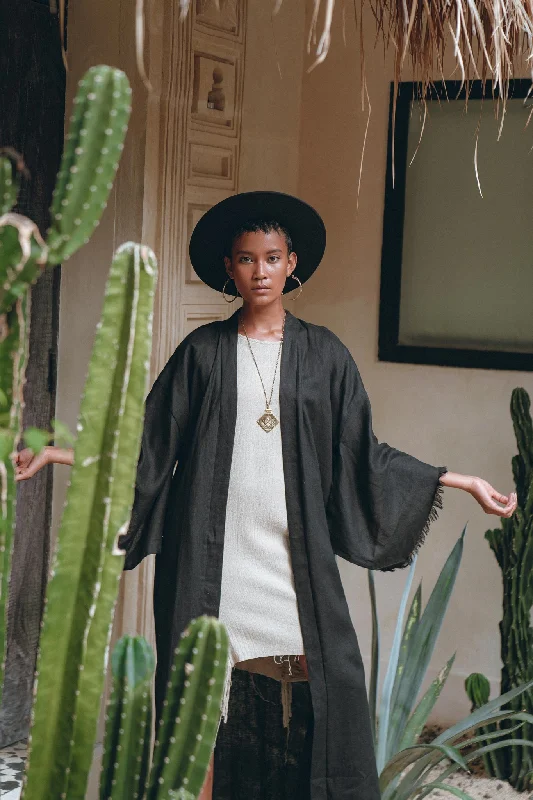 Boho Cover Up • Wide Sleeve Bohemian Cardigan • Black Linen Kimono Robe Oversized Loose Flowy Boho Cover Up • Wide Sleeve Bohemian Cardigan • Black Linen Kimono Robe Oversized Loose Flowy