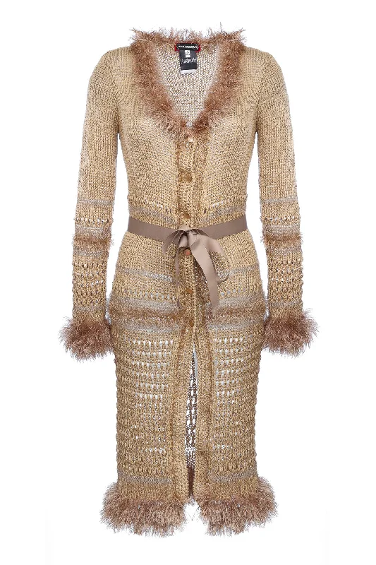 Camila Camel Handmade Knit Cardigan-Dress Lace Blend Ribbed Blend Corduroy Blend