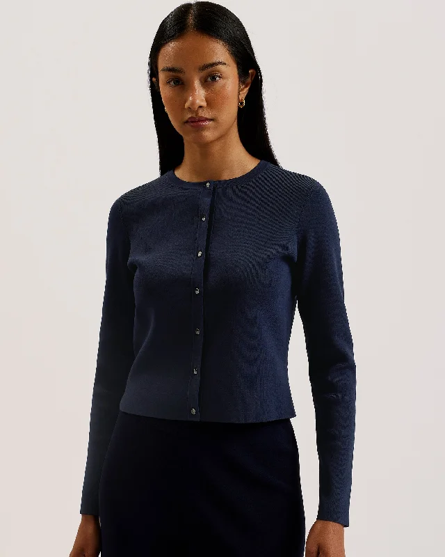 Brylle Round Neck Fitted Knit Cardigan Dk-Blue Spandex Rayon Corduroy