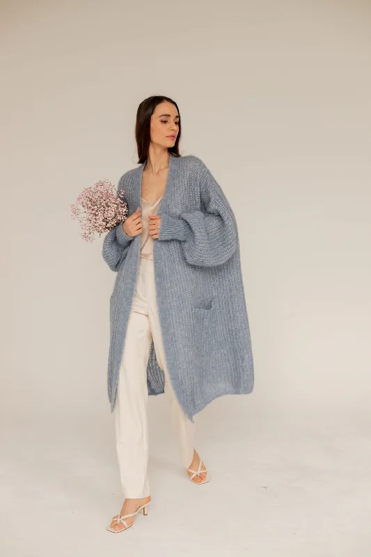 Mohair Alpaca Blue Cardigan Anti-Pilling Anti-Shrink Durable