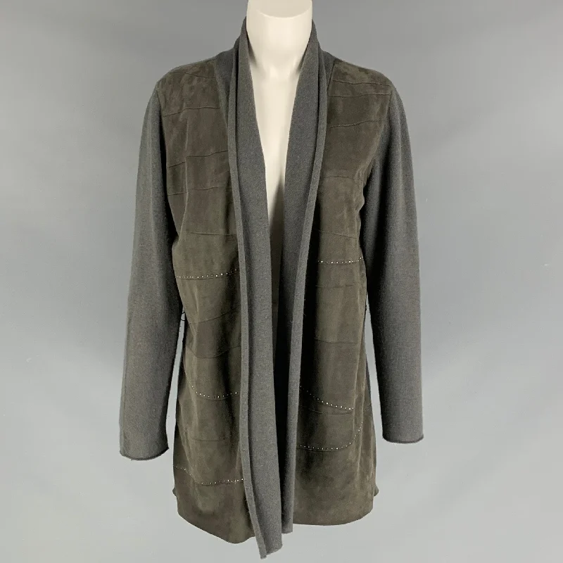 FABIANA FILIPPI Size M Olive Suede Studded Open Front Grey Cardigan Wool Fabric Cashmere Fabric Tweed Fabric FABIANA FILIPPI Size M Olive Suede Studded Open Front Grey Cardigan Wool Fabric Cashmere Fabric Tweed Fabric