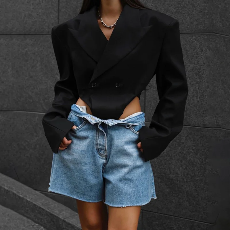 Fashion Women Autumn Solid Black Loose Sexy Cut Out Blazer Bodysuit Women's Premium Blazer Fashion Women Autumn Solid Black Loose Sexy Cut Out Blazer Bodysuit Women's Premium Blazer