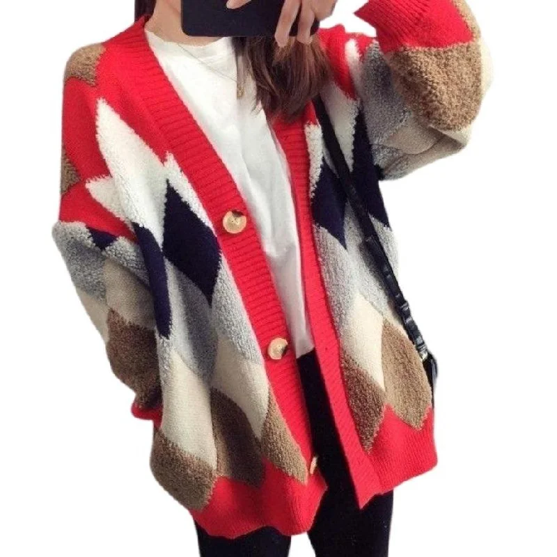 Fluffy Diamond Pattern Casual Women's Cardigan: Bold geometric prints with a tufted texture Wool Cardigan Cotton Cardigan Cashmere Cardigan Fluffy Diamond Pattern Casual Women's Cardigan: Bold geometric prints with a tufted texture Wool Cardigan Cotton Cardigan Cashmere Cardigan