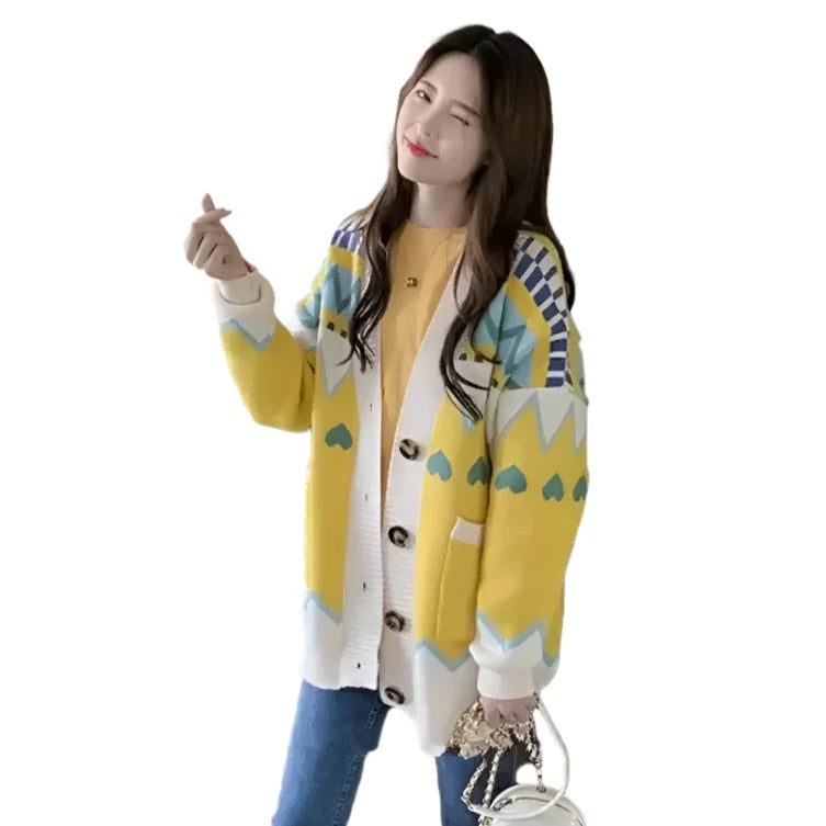 Geometric Pattern with Hearts Women's Cardigan: Bright, Colourful, with Pockets. Great Casual Wardrobe Item Casual Formal Business