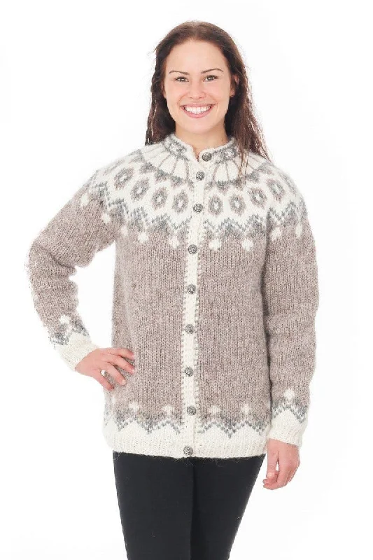 Fjörgyn - Icelandic Wool Cardigan - Light Beige Solid Print Embellished