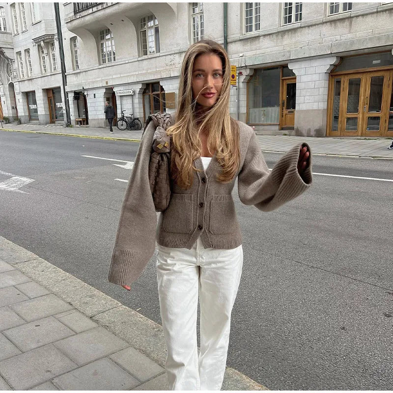 Knit Cardigan Women Autumn Gentle Solid Long Sleeve Single Breasted Female Sweaters V-neek Pocket All Match Lady Knitwear 2024 Embroidered Appliqued Beaded