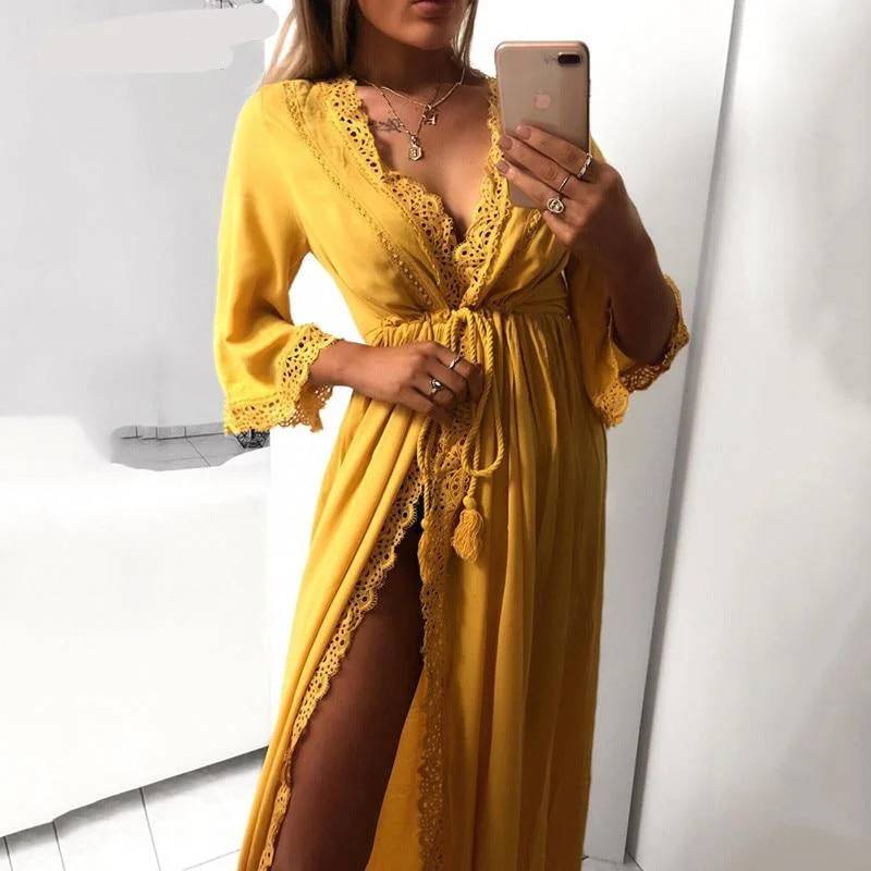 Long Maxi Dress / Cardigan. Khaki or Mustard Yellow Fitted Slim Tailored