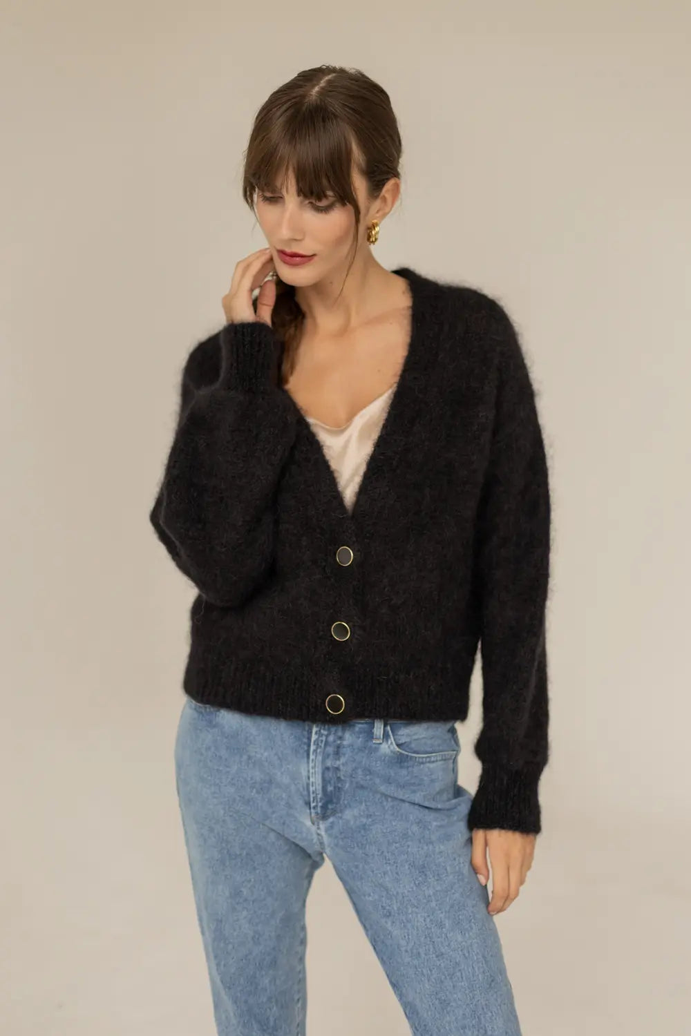 Mia Mohair Cardigan Black Knit Fabric Woven Fabric Fleece Fabric