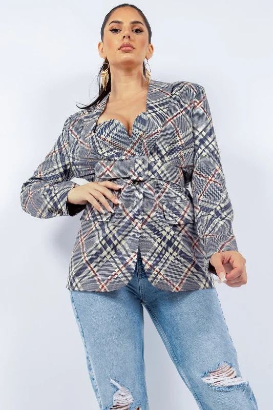 Plaid Oversized Blazer With Belt Women's Lightweight Blazer