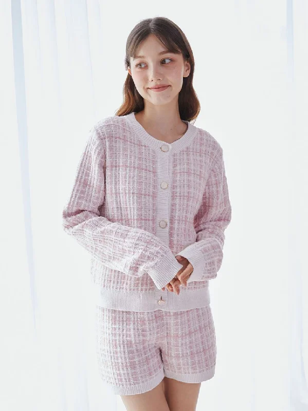 Plaid Button-Up Knit Cardigan Open Front Closed Front Wrap Front