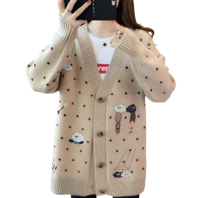 Polka Dot and Clouds Cartoon Women's Cardigan Embroidery V-Neck Long Sleeve Harajuku Kawaii Korean Style Girls Cardigan Anti-Pilling Anti-Shrink Durable Polka Dot and Clouds Cartoon Women's Cardigan Embroidery V-Neck Long Sleeve Harajuku Kawaii Korean Style Girls Cardigan Anti-Pilling Anti-Shrink Durable
