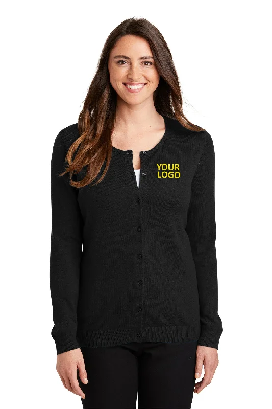 Port Authority Ladies Cardigan Customized Sweaters, Black Wool Fabric Cashmere Fabric Tweed Fabric