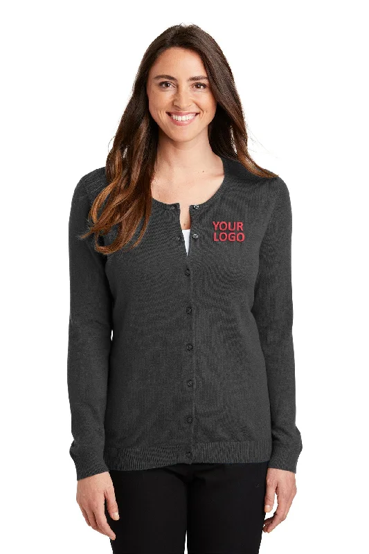 Port Authority Ladies Cardigan Customized Sweaters, Charcoal Heather Satin Fabric Silk Fabric Chiffon Fabric