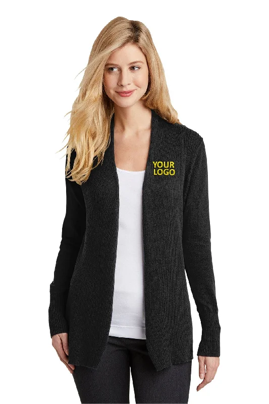 Port Authority Ladies Open Front Custom Cardigan Sweaters, Black Zippered Buttoned Snapped Port Authority Ladies Open Front Custom Cardigan Sweaters, Black Zippered Buttoned Snapped