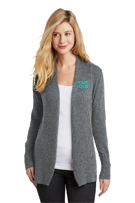 Port Authority Ladies Open Front Custom Cardigan Sweaters, Medium Heather Grey Wool Fabric Cashmere Fabric Tweed Fabric Port Authority Ladies Open Front Custom Cardigan Sweaters, Medium Heather Grey Wool Fabric Cashmere Fabric Tweed Fabric