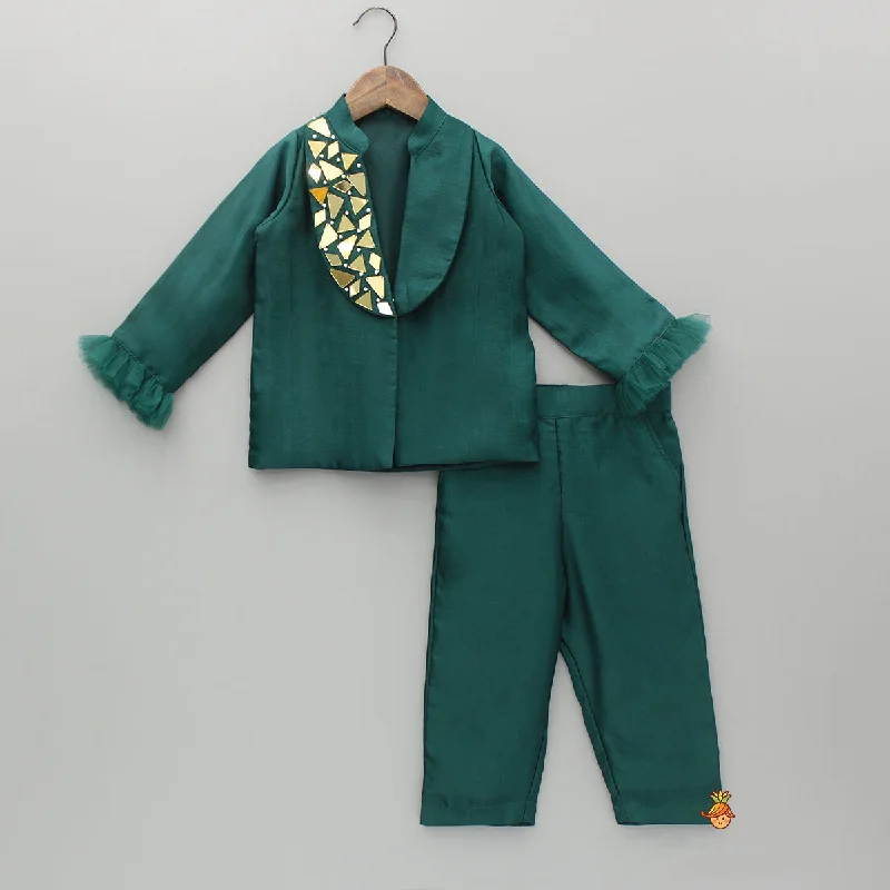 Pre Order: Embellished Green Blazer Style Top With Pant Women's Handmade Blazer