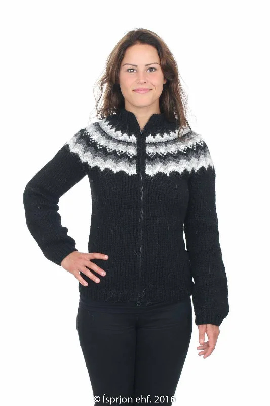 Rán - Icelandic Wool Cardigan - Black Real Fur Shearling Chenille