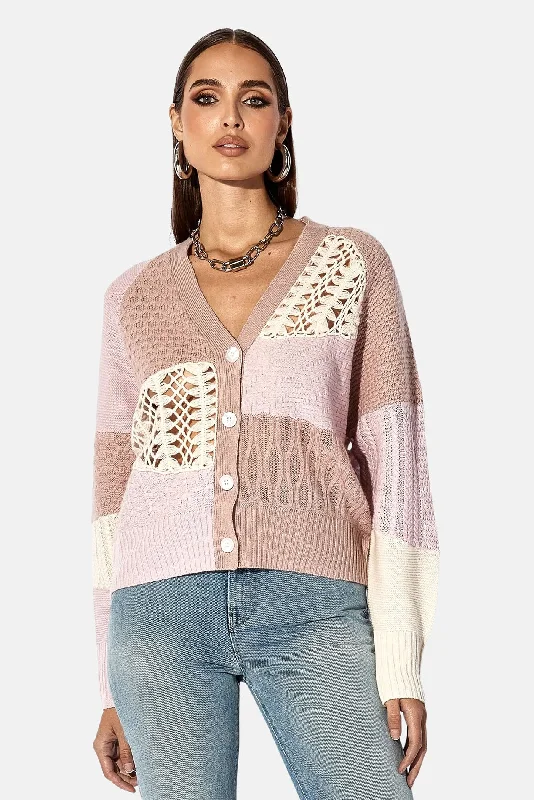 Patchwork Cardigan Desert Rose Pink Multi Boat Neck Shawl Collar Notched Collar