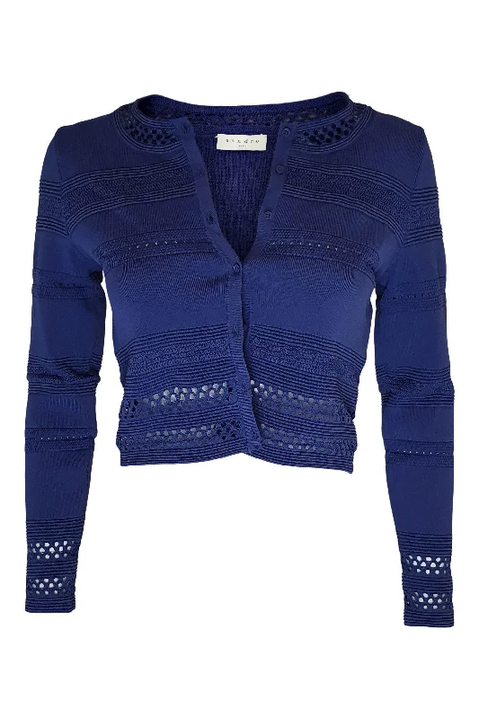 SANDRO Eglantine Blue Knit Long Sleeved Cropped Cardigan (S) Mesh Cardigan Canvas Denim SANDRO Eglantine Blue Knit Long Sleeved Cropped Cardigan (S) Mesh Cardigan Canvas Denim