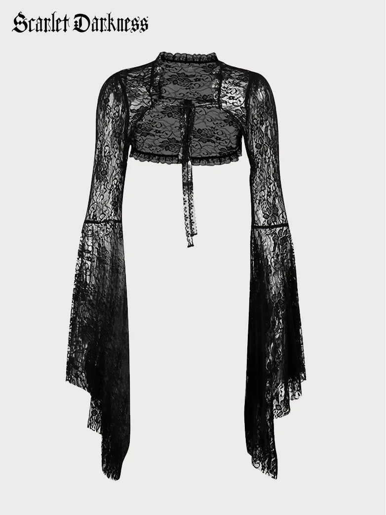 Women Victorian Goth Style Black Bell Sleeves Lace Cardigan Knit Fabric Woven Fabric Fleece Fabric