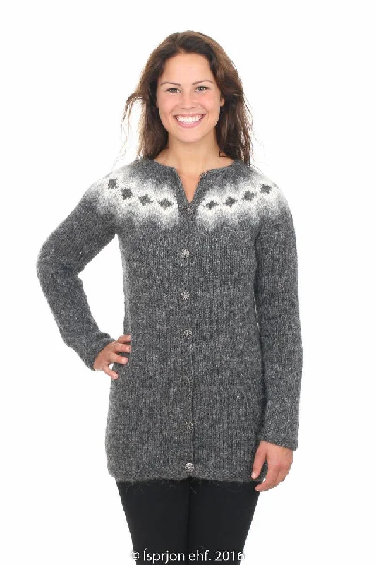 Sif - Icelandic Wool Cardigan - Dark Grey Chenille Brocade Lace