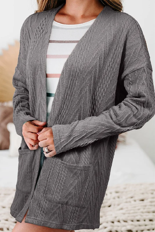 Solid Textured Open Front Cardigan with Pocket Solid Print Embellished