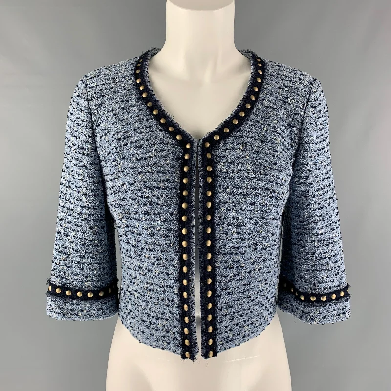 ST. JOHN Size 8 Blue Navy Textured 3/4 Sleeves Cardigan Satin Fabric Silk Fabric Chiffon Fabric ST. JOHN Size 8 Blue Navy Textured 3/4 Sleeves Cardigan Satin Fabric Silk Fabric Chiffon Fabric