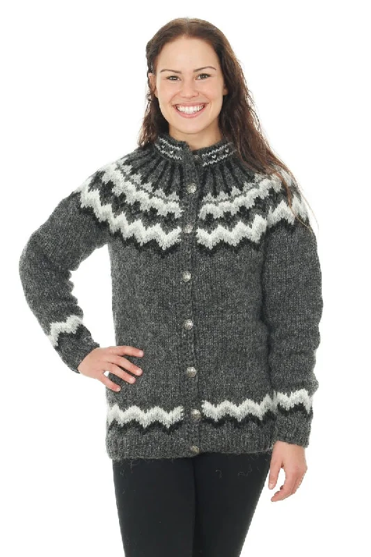 Saga - Icelandic Wool Cardigan - Dark Grey Heather Collared Crew Neck Turtle Neck