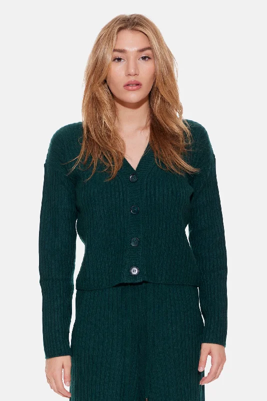 Beatrice Ribbed Cardigan Deep Forest Spandex Rayon Corduroy