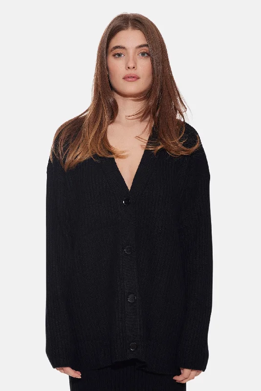 Lucy Ribbed Cocoon Cardigan Black Wool Fabric Cashmere Fabric Tweed Fabric