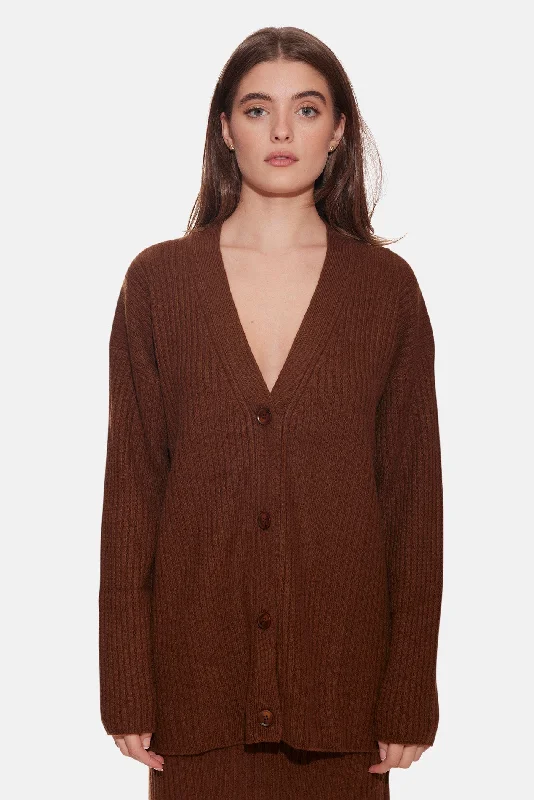 Lucy Ribbed Cocoon Cardigan Brown Hooded Caped Shawl Collar