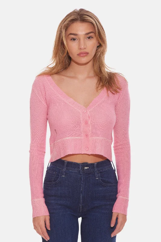 Mia Shrunken Cardigan Pink Spandex Blend Rayon Blend Denim Blend
