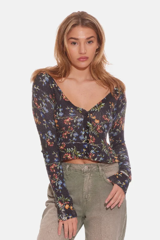 Noa Floral Shrunken Cardigan Black Transparent Opaque Sheer