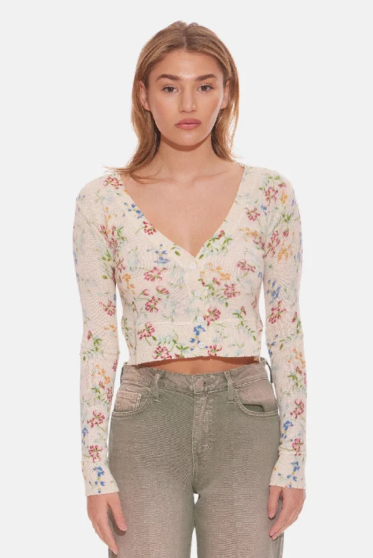 Noa Floral Shrunken Cardigan White Crew Neck V-Neck Turtle Neck