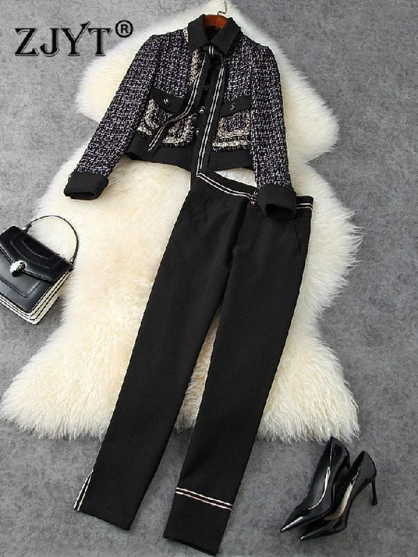 Tweed Woolen Blazer and Pantsuit Women's Short Blazer