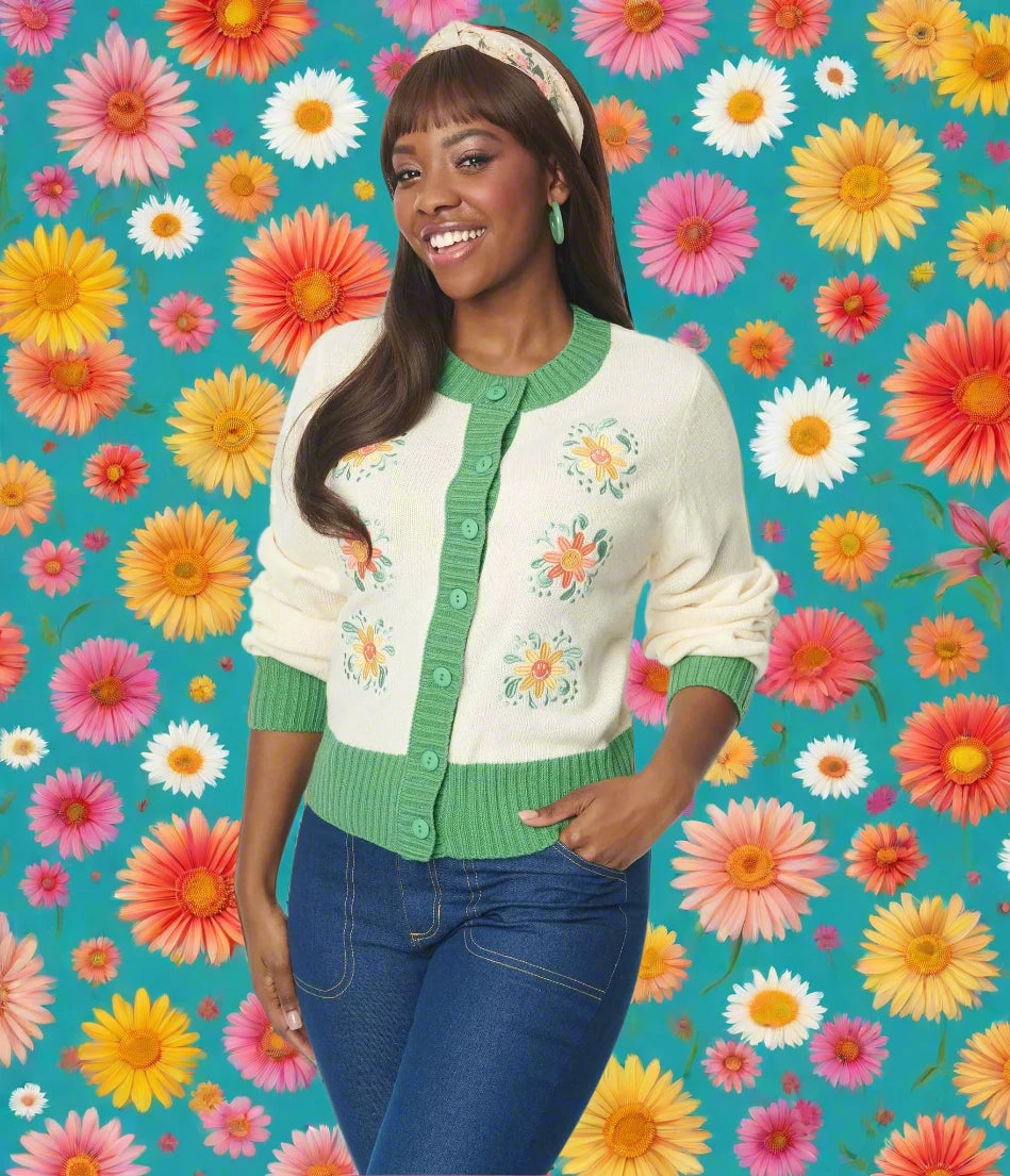 Unique Vintage Smiley® x Ivory & Green Flower Embroidered Cardigan Ribbed Striped Patterned Unique Vintage Smiley® x Ivory & Green Flower Embroidered Cardigan Ribbed Striped Patterned