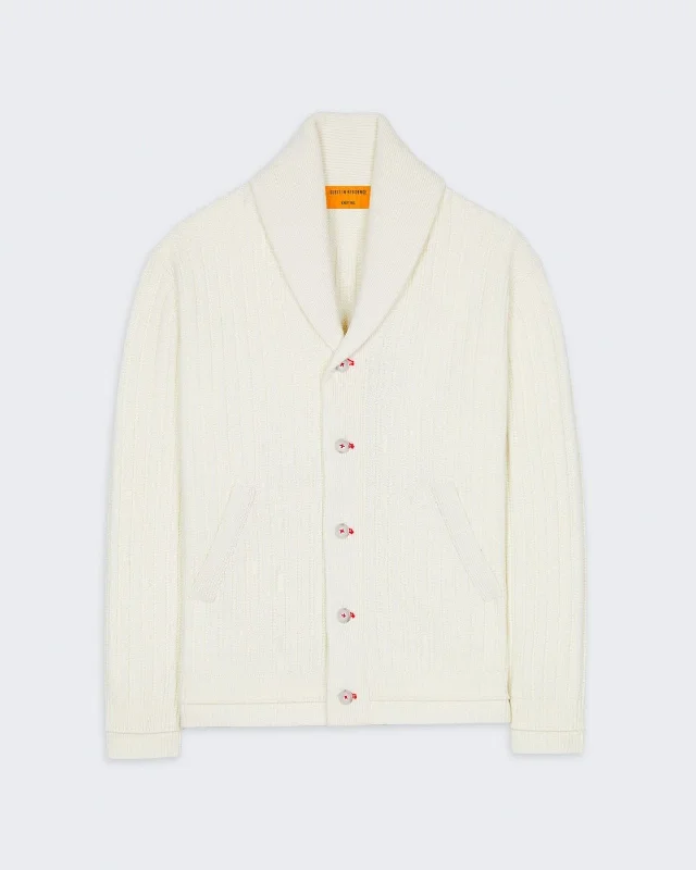 Varsity Cardigan In Cashmere Blend - Cream Patchwork Embroidered Appliqued