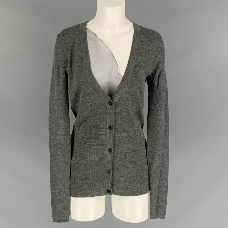 VERA WANG Size M Grey Wool Textured V-Neck Cardigan Toggled Drawstring Belted