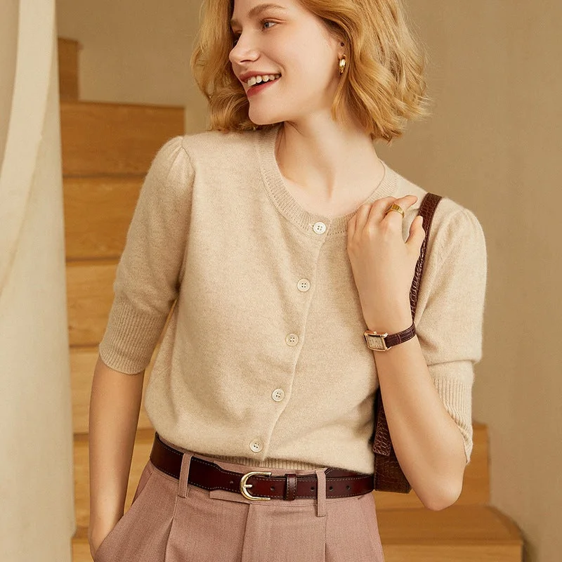 Women 100% Pure Cashmere Cardigan Button Front Short Sleeve Crew Neck Cashmere Cardigan Notch Collar Peter Pan Collar Cowl Neck